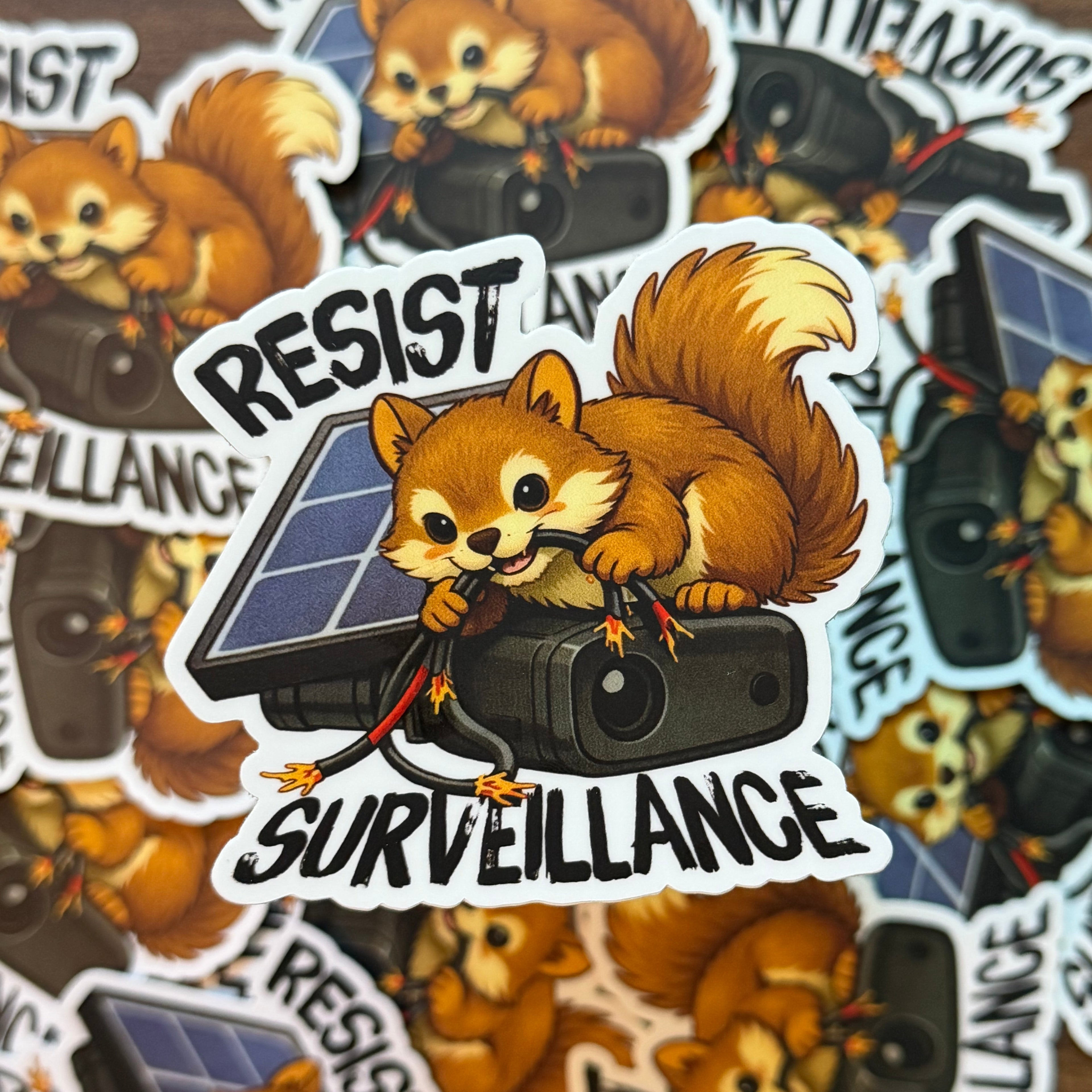 Stickers with a squirrel holding a megaphone and 'Resist Surveillance' text on a wooden surface.