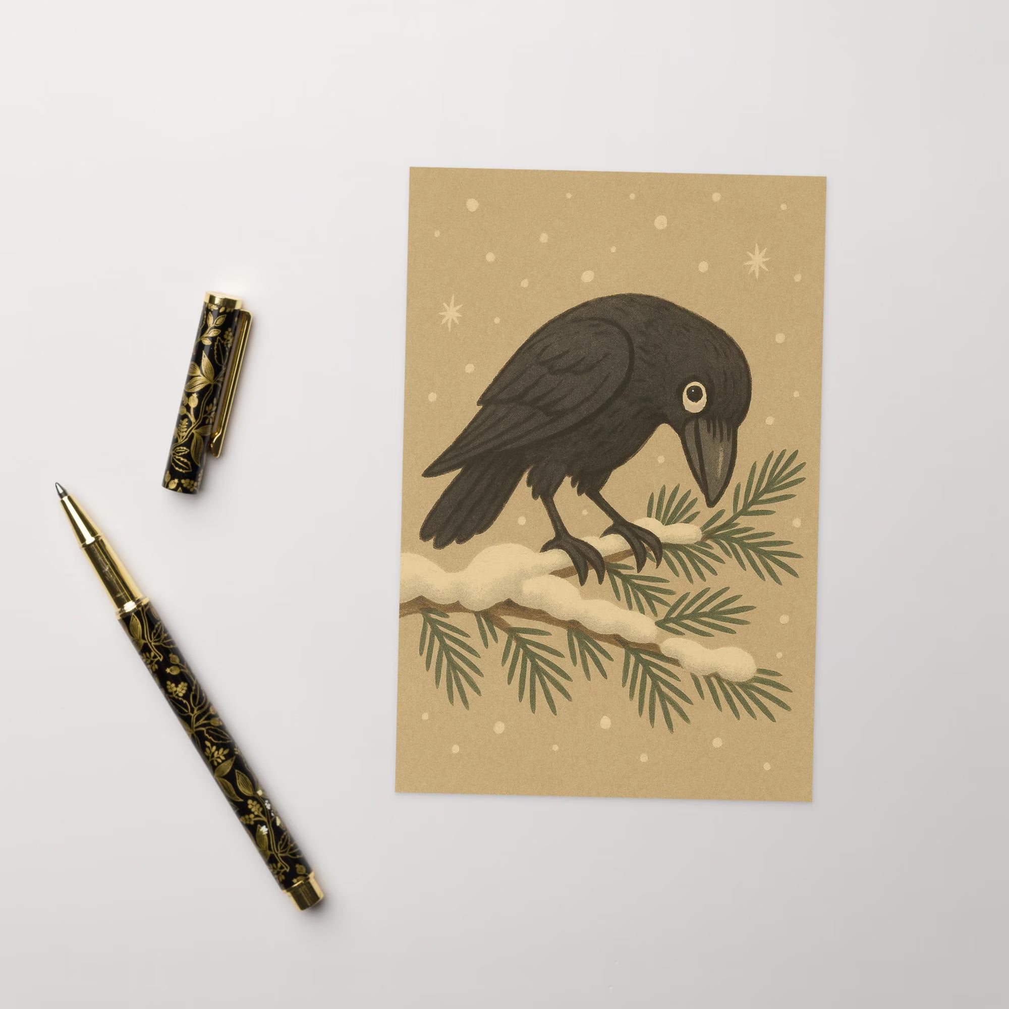 Crow on Snow Branch Card | Gothic Winter Solstice Greeting