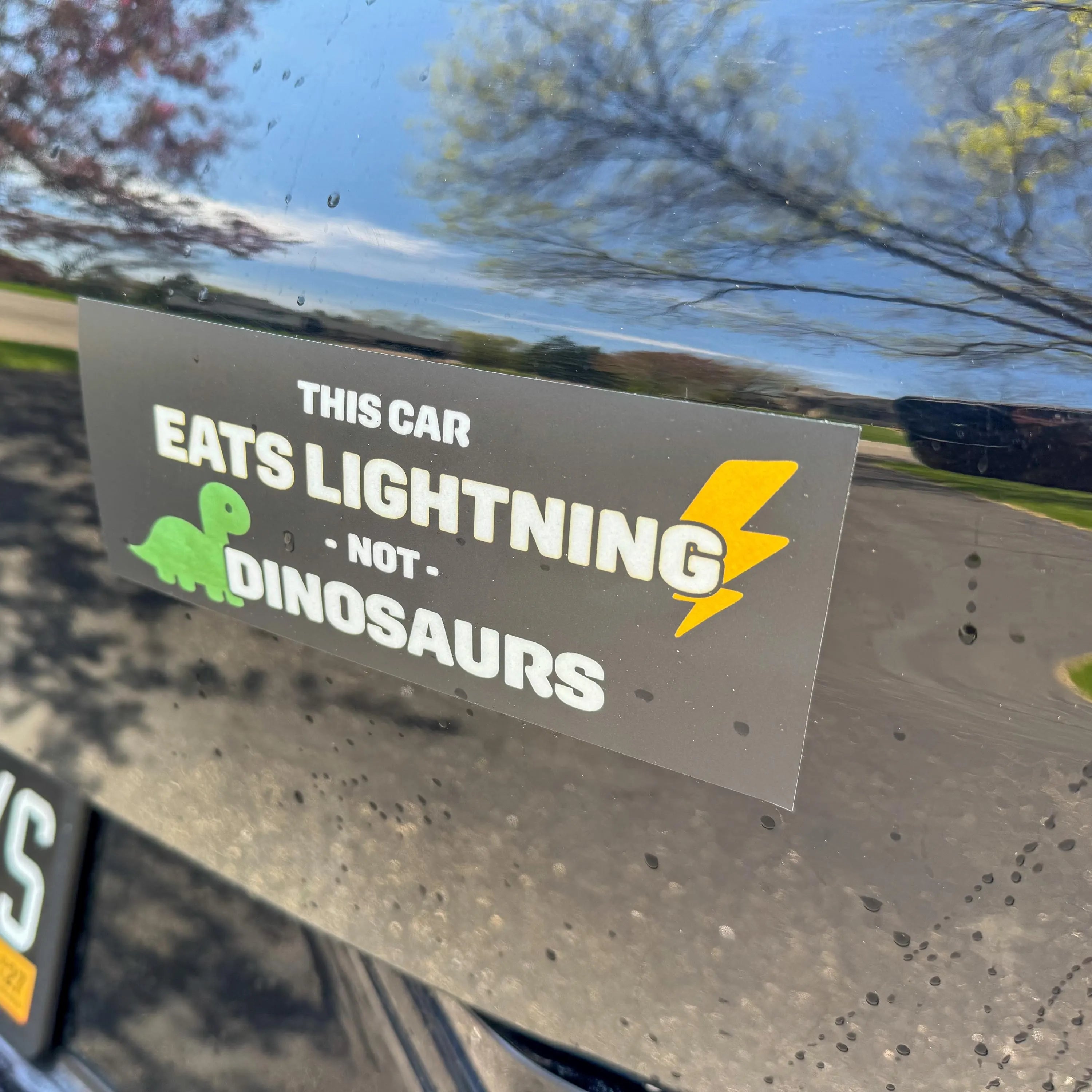 Electric Car Bumper Sticker • “This Car Eats Lightning Not Dinosaurs” • EV Clean‑Energy Vinyl Decal