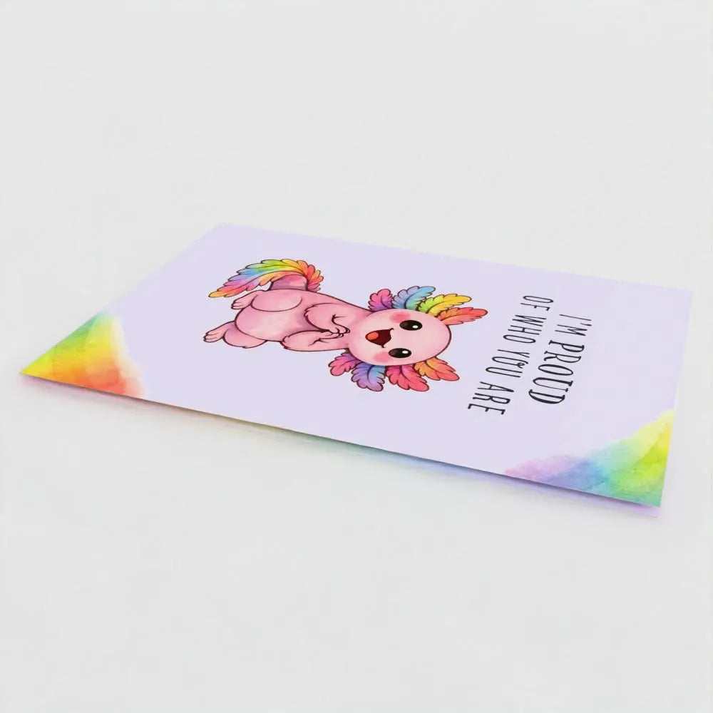 Pride Axolotl Greeting Card – Rainbow Watercolor Animal Art, Affirmation Message (Recycled Cardstock)