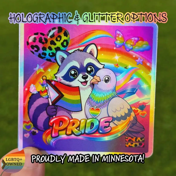 Rainbow Raccoon & Pigeon Pride Sticker | 90s Maximalist Rainbow LGBTQ | Lisa Frank-Inspired