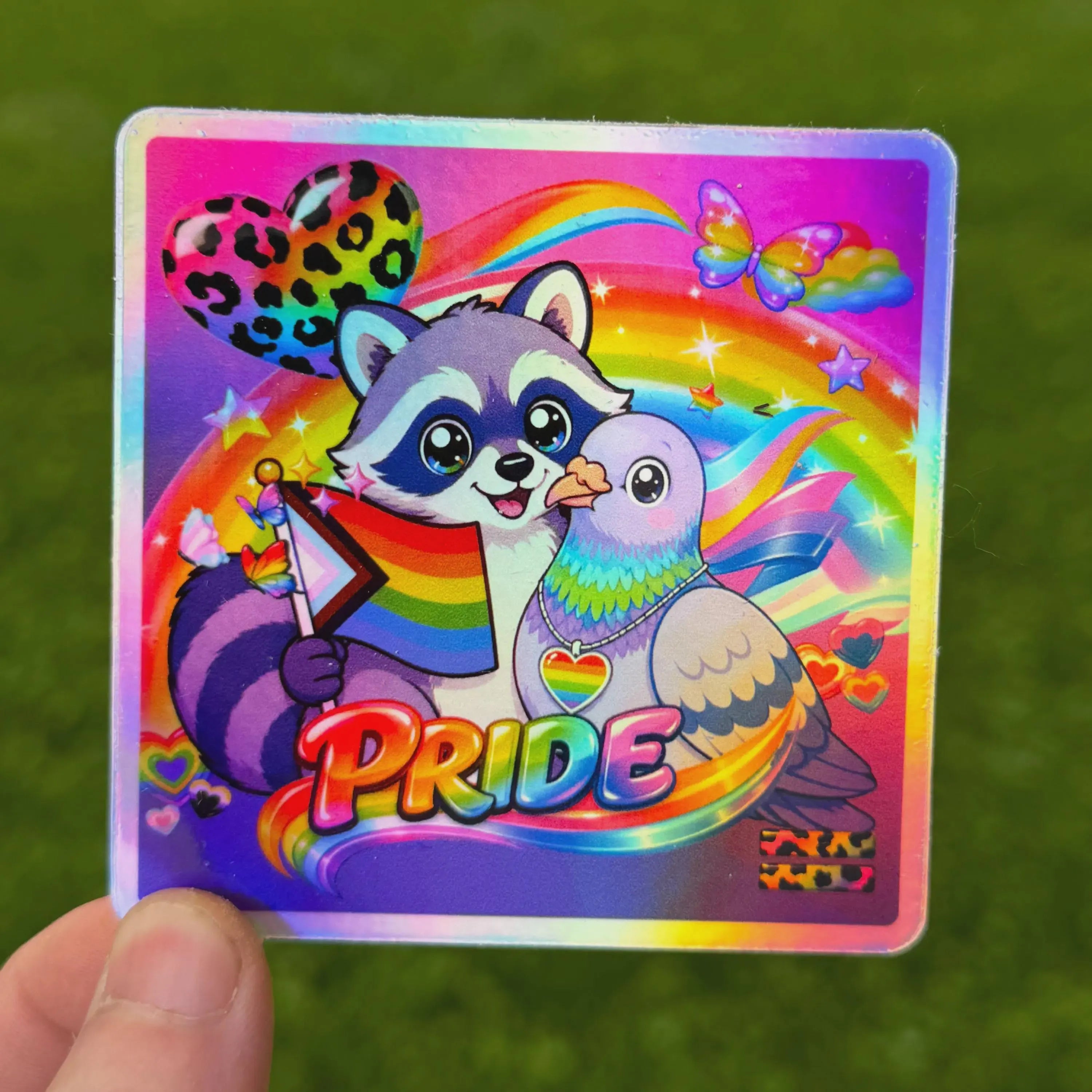 Rainbow Raccoon & Pigeon Pride Sticker | 90s Maximalist Rainbow LGBTQ | Lisa Frank-Inspired