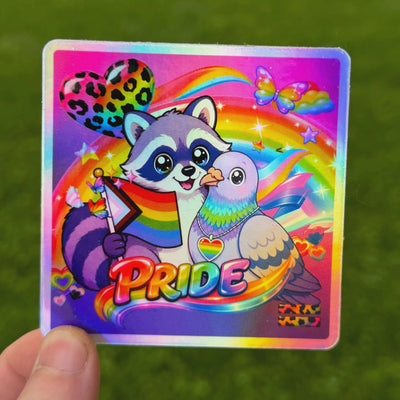 Rainbow Raccoon & Pigeon Pride Sticker | 90s Maximalist Rainbow LGBTQ | Lisa Frank-Inspired