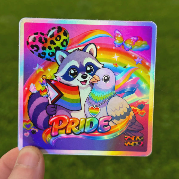 Rainbow Raccoon & Pigeon Pride Sticker | 90s Maximalist Rainbow LGBTQ | Lisa Frank-Inspired