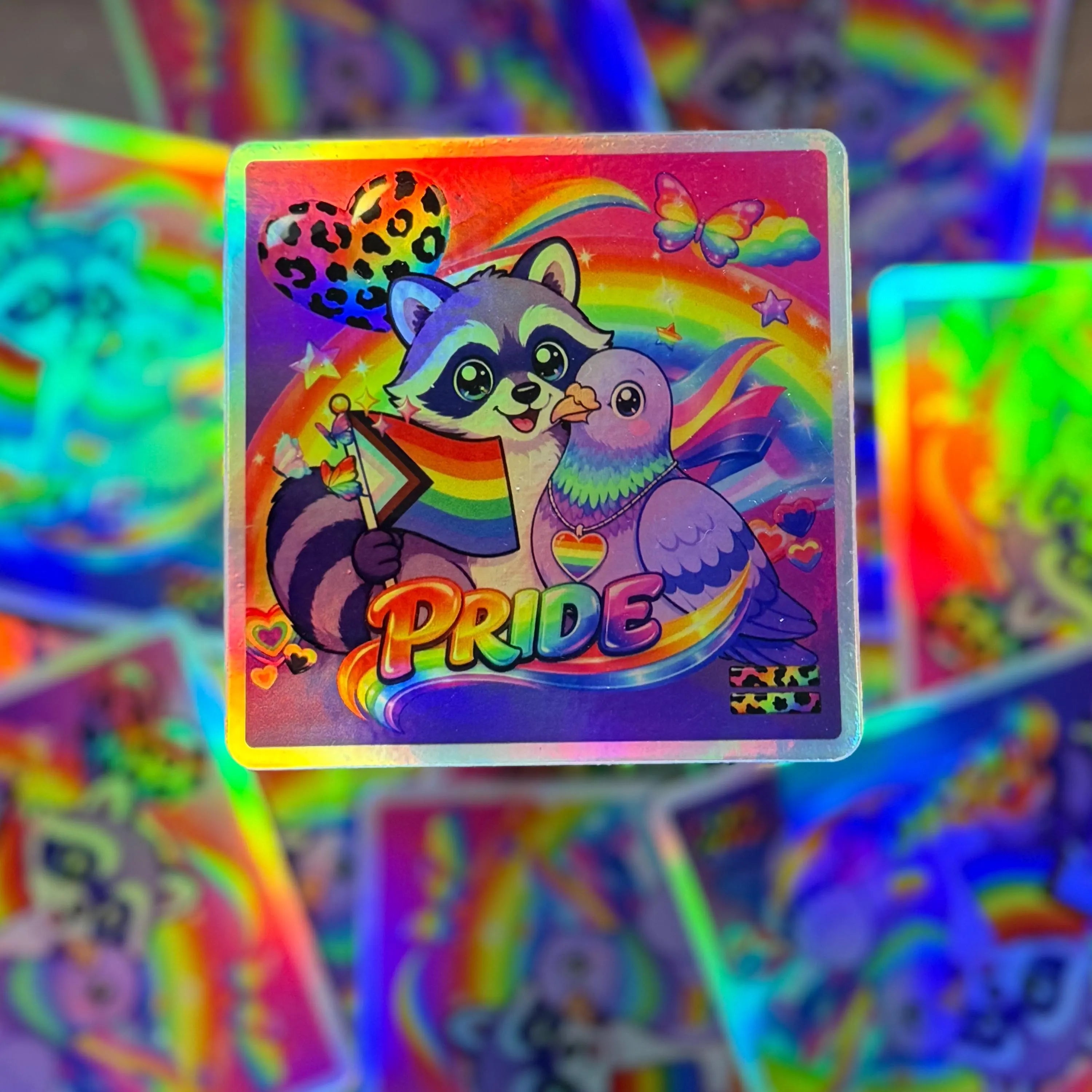 Rainbow Raccoon & Pigeon Pride Sticker | 90s Maximalist Rainbow LGBTQ | Lisa Frank-Inspired