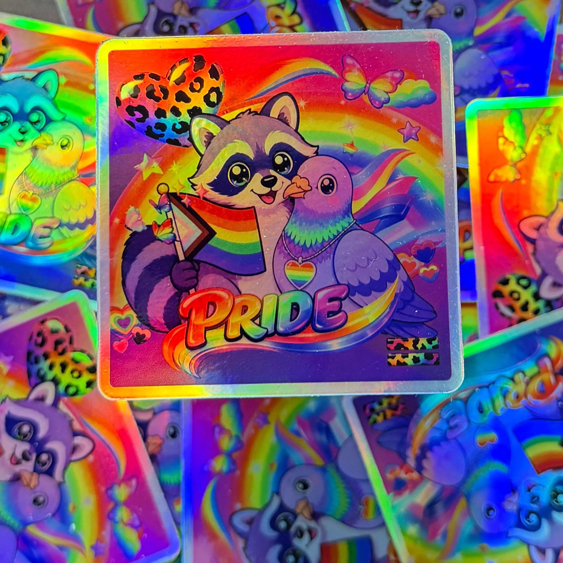 Rainbow Raccoon & Pigeon Pride Sticker | 90s Maximalist Rainbow LGBTQ | Lisa Frank-Inspired