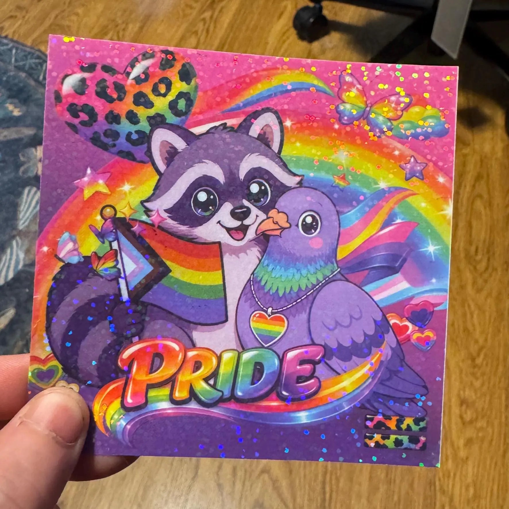 Rainbow Raccoon & Pigeon Pride Sticker | 90s Maximalist Rainbow LGBTQ | Lisa Frank-Inspired